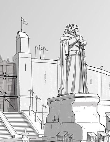 BD Les 5 Terres : illustration n°1 des lieux phares d’Angleon “La porte des lions” - Editions Delcourt