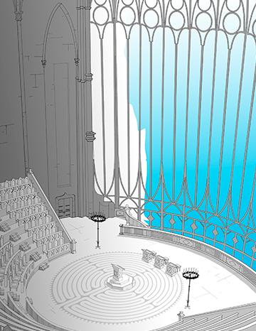 BD Les 5 Terres : illustration n°7 des lieux phares d’Angleon “La salle du conseil” - Editions Delcourt