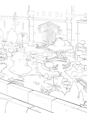 BD Les 5 Terres : illustration n°8 des lieux phares d’Angleon “Les jardins” - Editions Delcourt