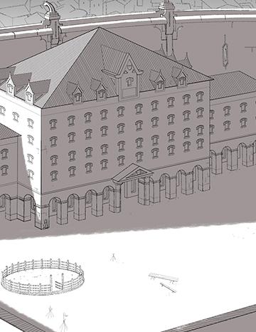 BD Les 5 Terres : illustration n°4 des lieux phares d’Angleon “La caserne” - Editions Delcourt